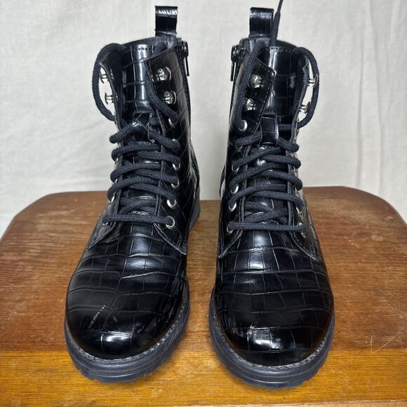 VINTAGE Steve Madden Bobbi Leather Vegan Combat Boot Black Croc 90s Y2K 7.5 RARE - Picture 2 of 10